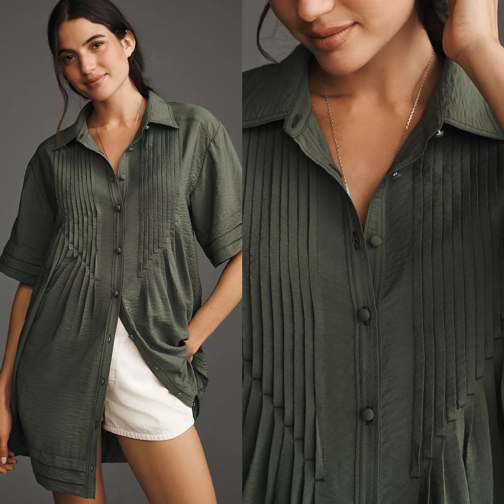 NWT Anthropologie Pilcro Short Sleeve Pintuck Tunic Shirt Dress Green - Picture 7 of 7